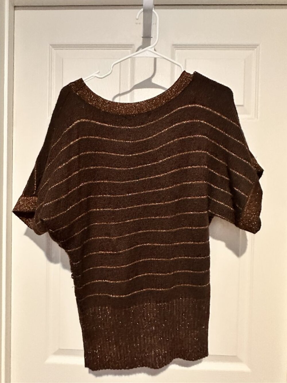 Style & Co Brown & Metallic Bronze Horizontal Striped Short Sleeve Sweater Size